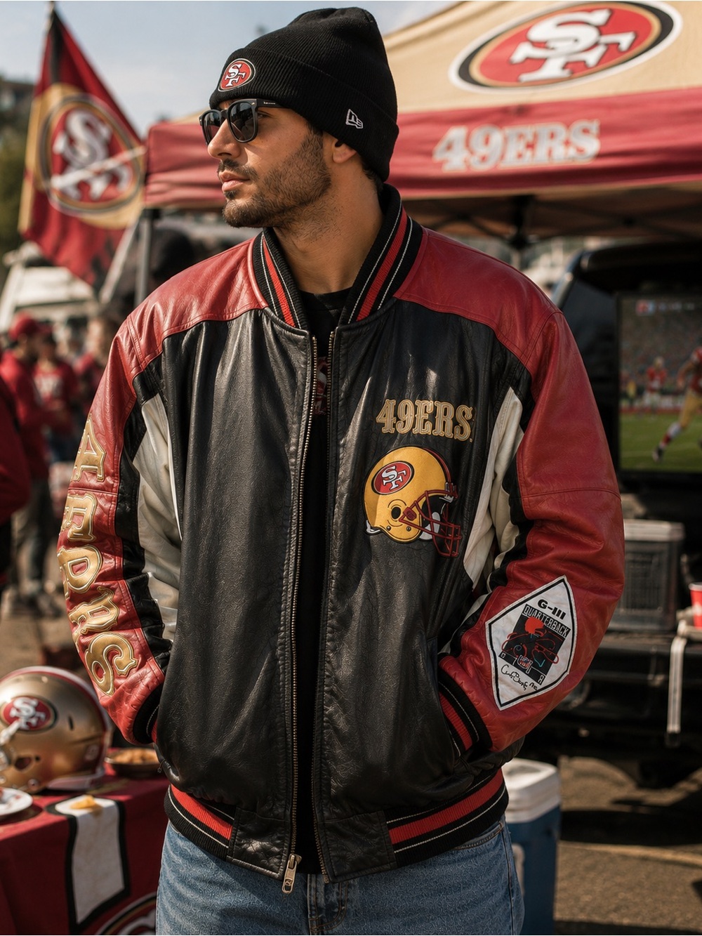 Vintage 90’s NFL San Francisco 49ers Leather Bomber Jacket Tailgate Athleisure
